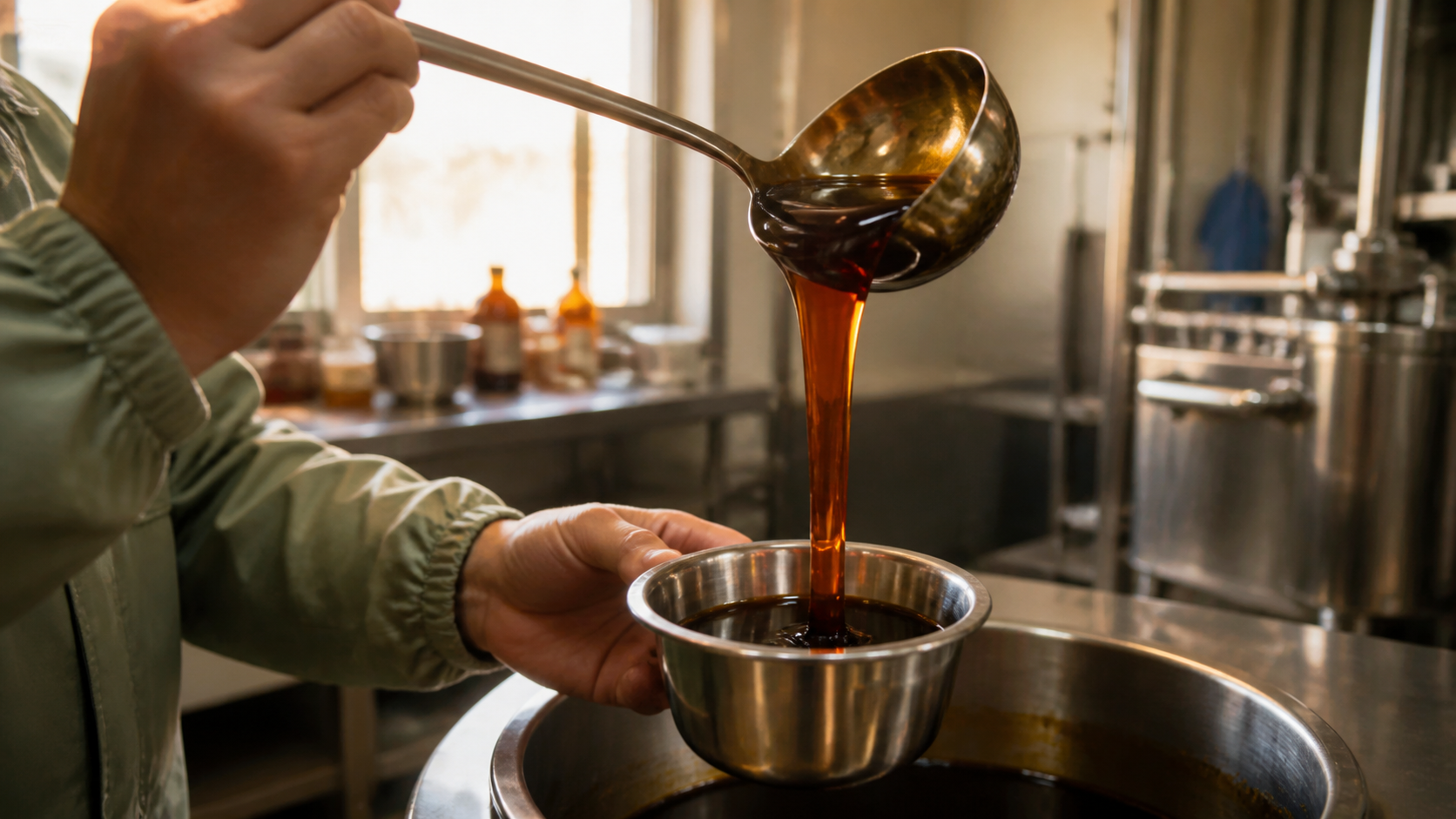 Food technician lifts glossy brown sauce with a stainless ladle into a sampling cup in a test kitchen.