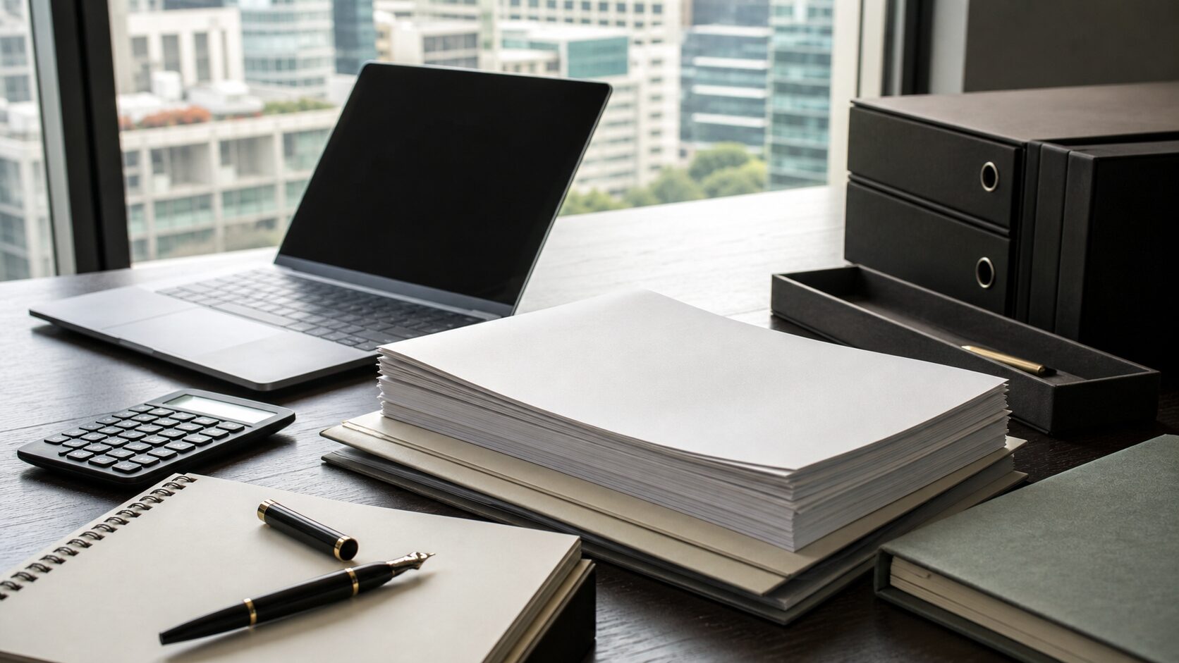 A quiet institutional investor desk with blank papers, a dark laptop screen, a calculator and folders near a city office window