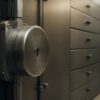 Close view of an unbranded securities operations vault with a metal lock and unlabeled storage drawers.
