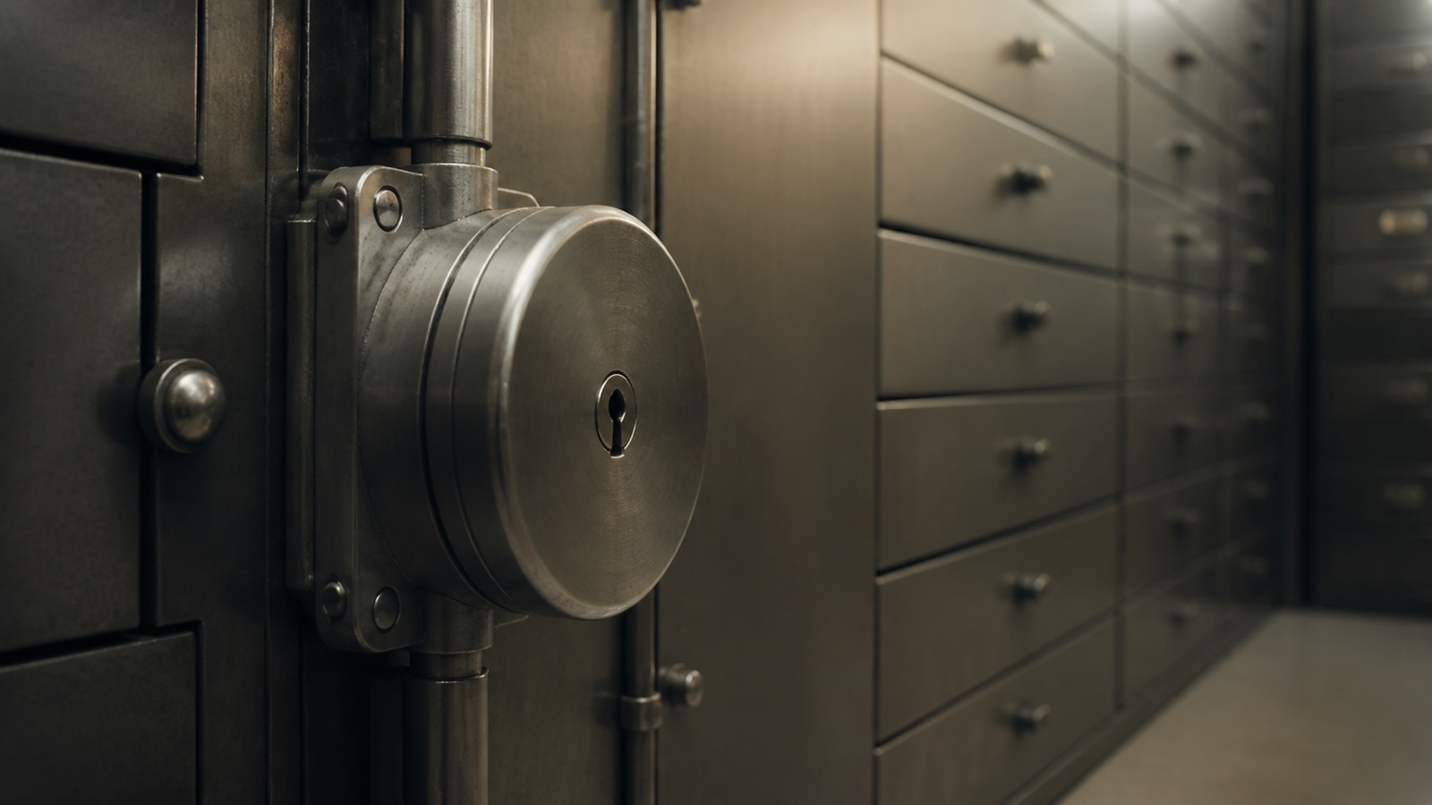Close view of an unbranded securities operations vault with a metal lock and unlabeled storage drawers.