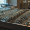 Rows of transparent optical trial lenses catch teal and amber window light in a quiet examination room.