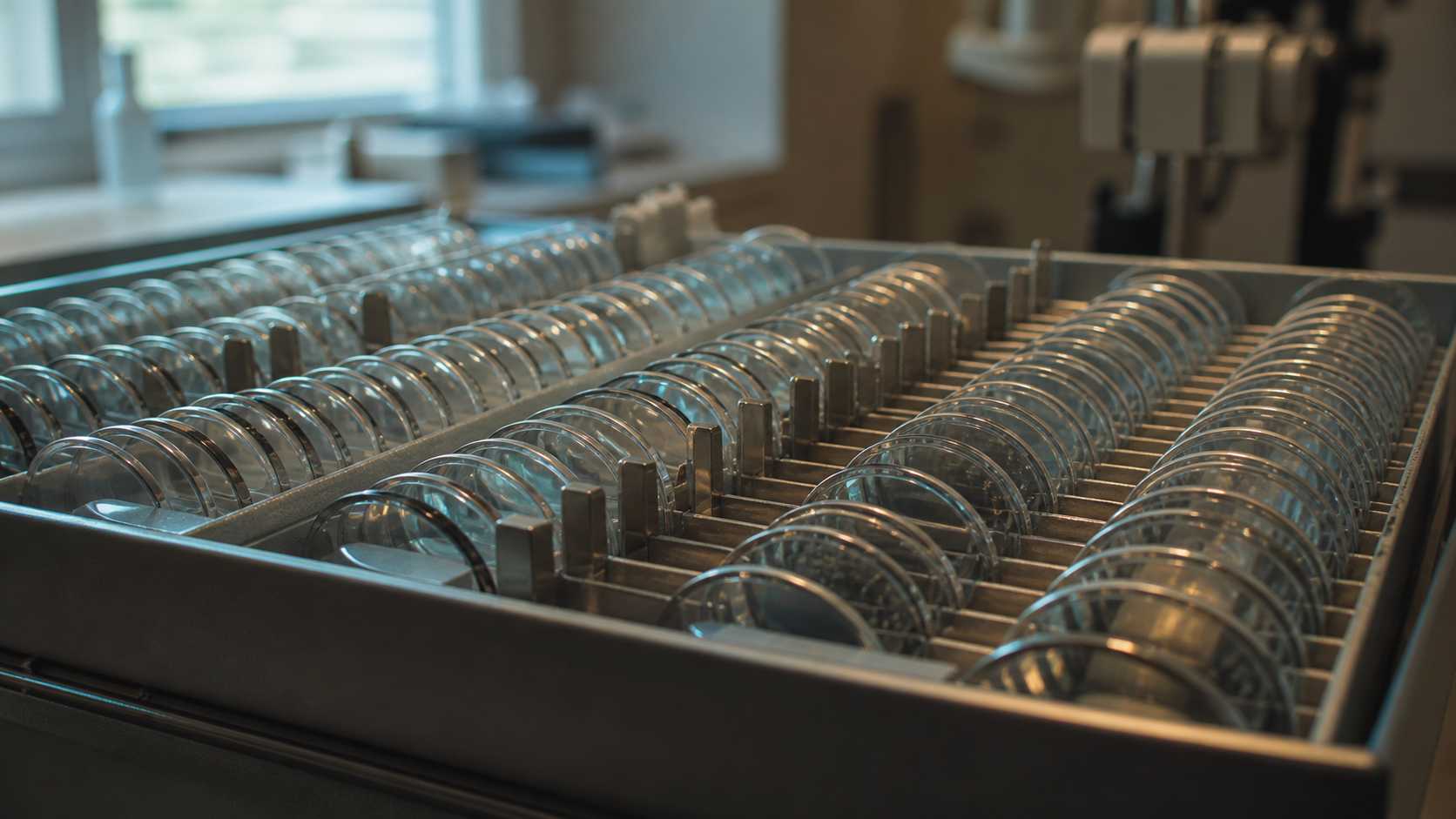Rows of transparent optical trial lenses catch teal and amber window light in a quiet examination room.