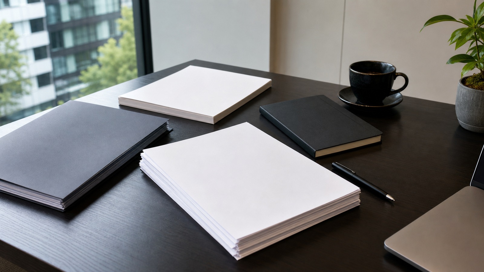 Blank folders, papers and a notebook on an investor research desk near a window.