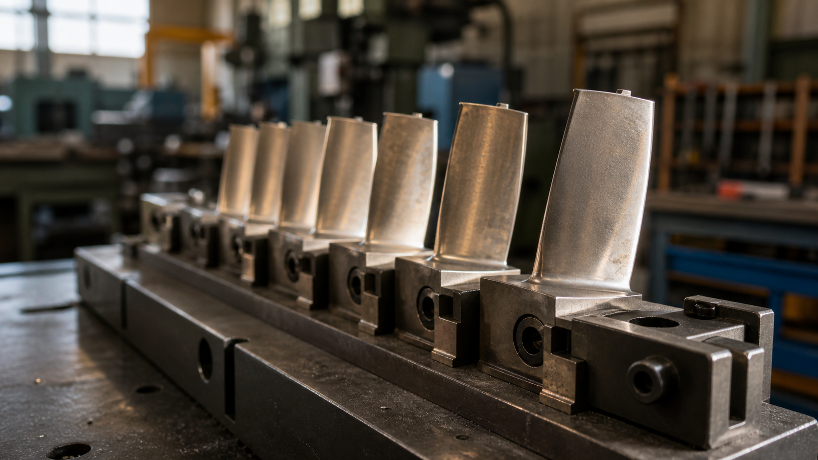 Unbranded gas-turbine blades arranged in a heavy-engineering machining fixture