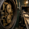 An open mechanical bank-vault time lock stands beside a conveyor carrying sealed plain remittance envelopes.