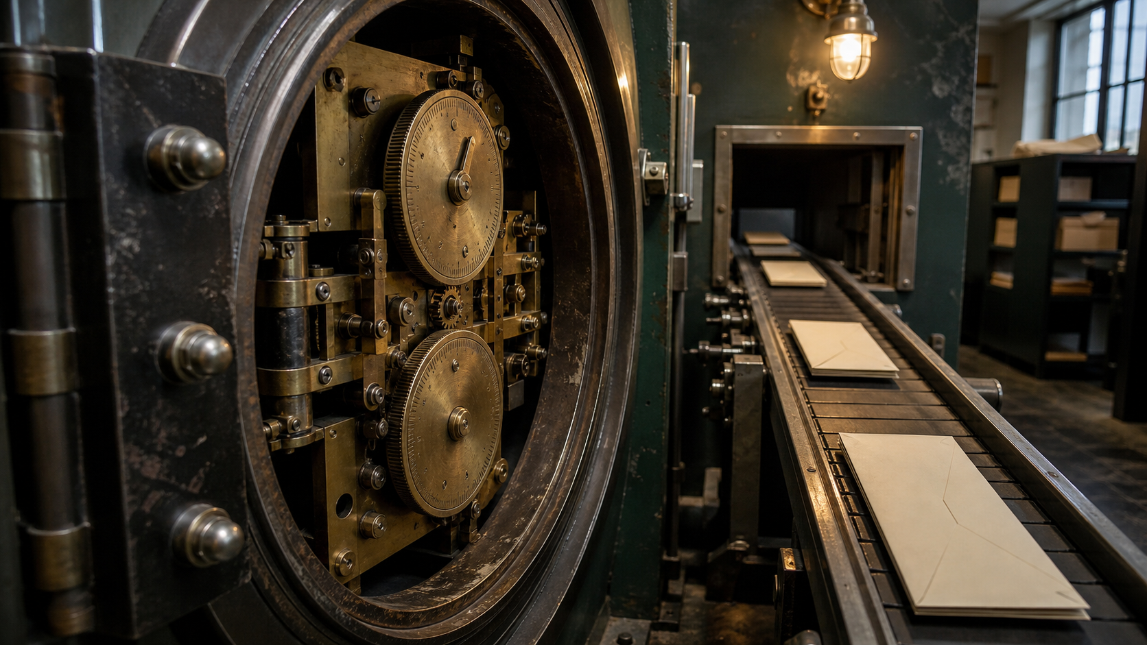 An open mechanical bank-vault time lock stands beside a conveyor carrying sealed plain remittance envelopes.