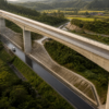 A modern concrete viaduct crosses above an older regional road and maintained retaining slopes after rain.