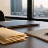 Quiet office desk with blank payroll-style envelopes, a closed laptop and soft city light