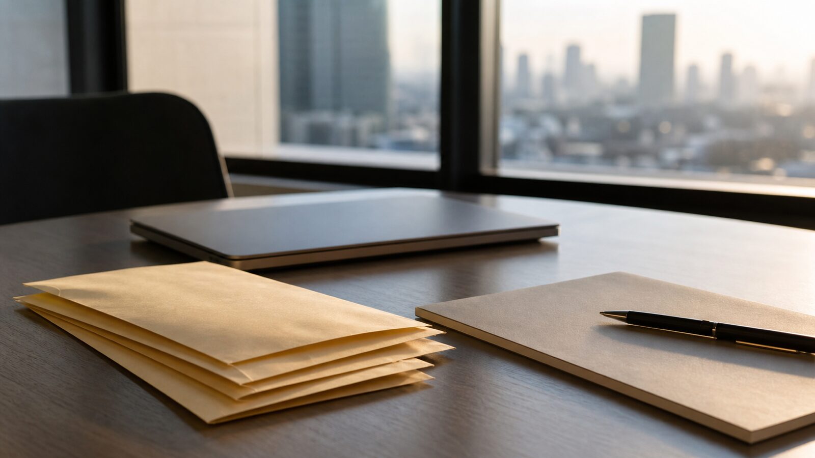 Quiet office desk with blank payroll-style envelopes, a closed laptop and soft city light