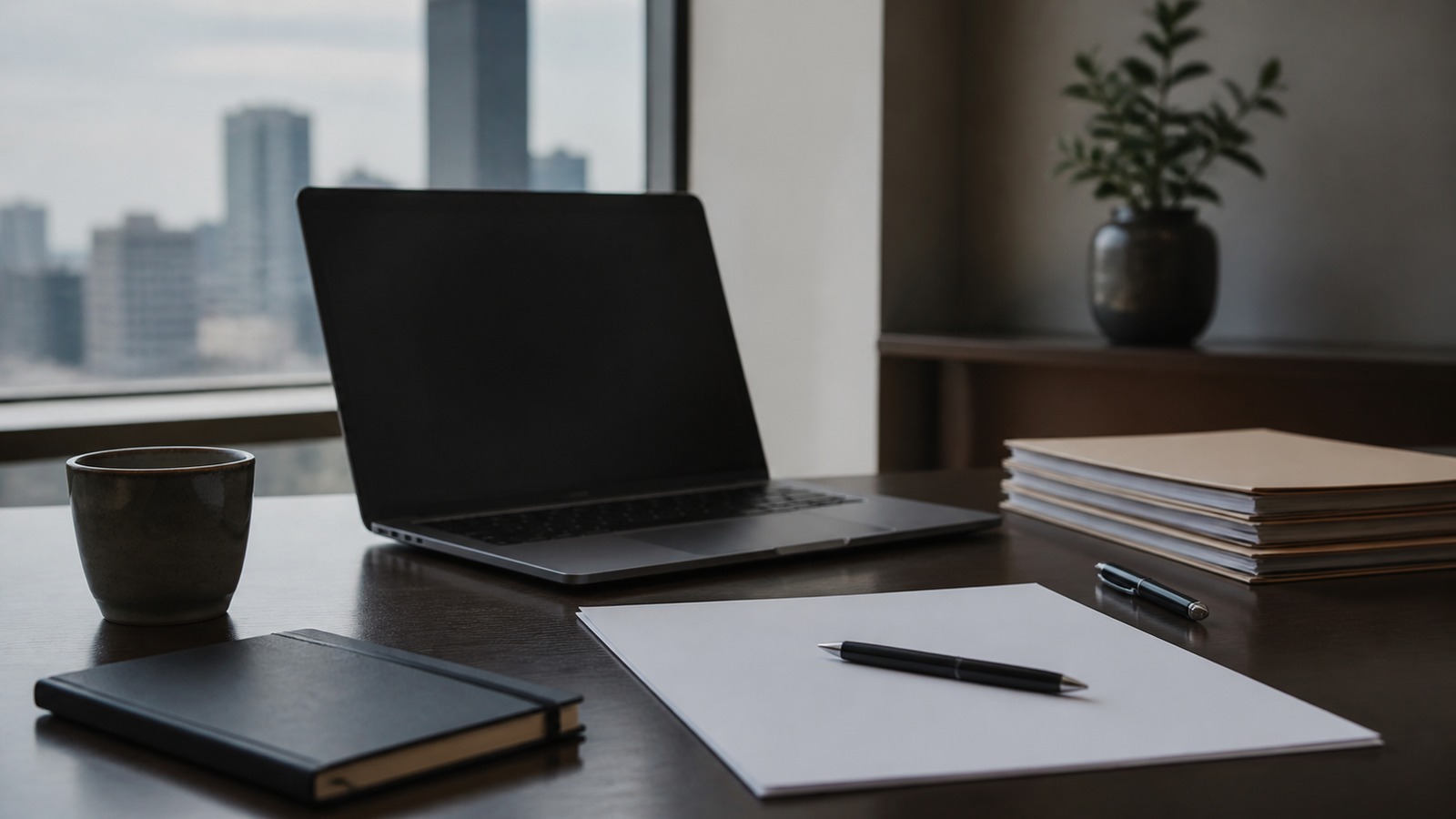 Currency research desk with blank papers, a laptop angled away and soft daylight.