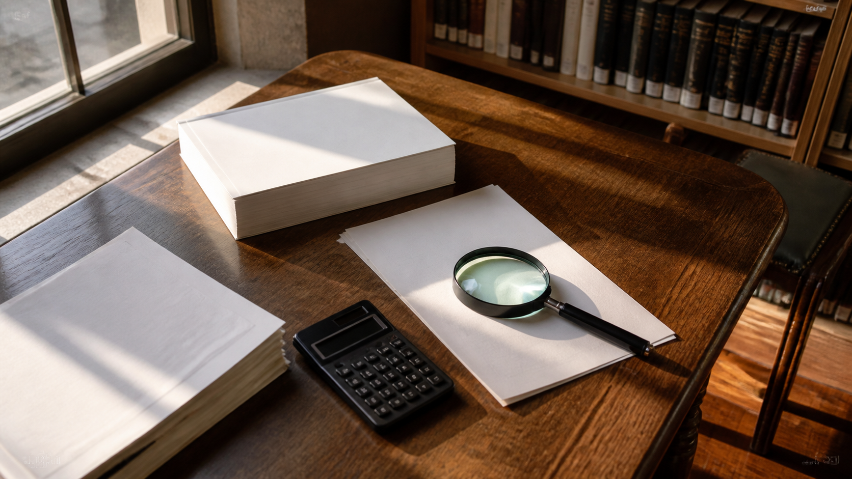 Blank annual report, calculator and magnifying glass on a sunlit library table
