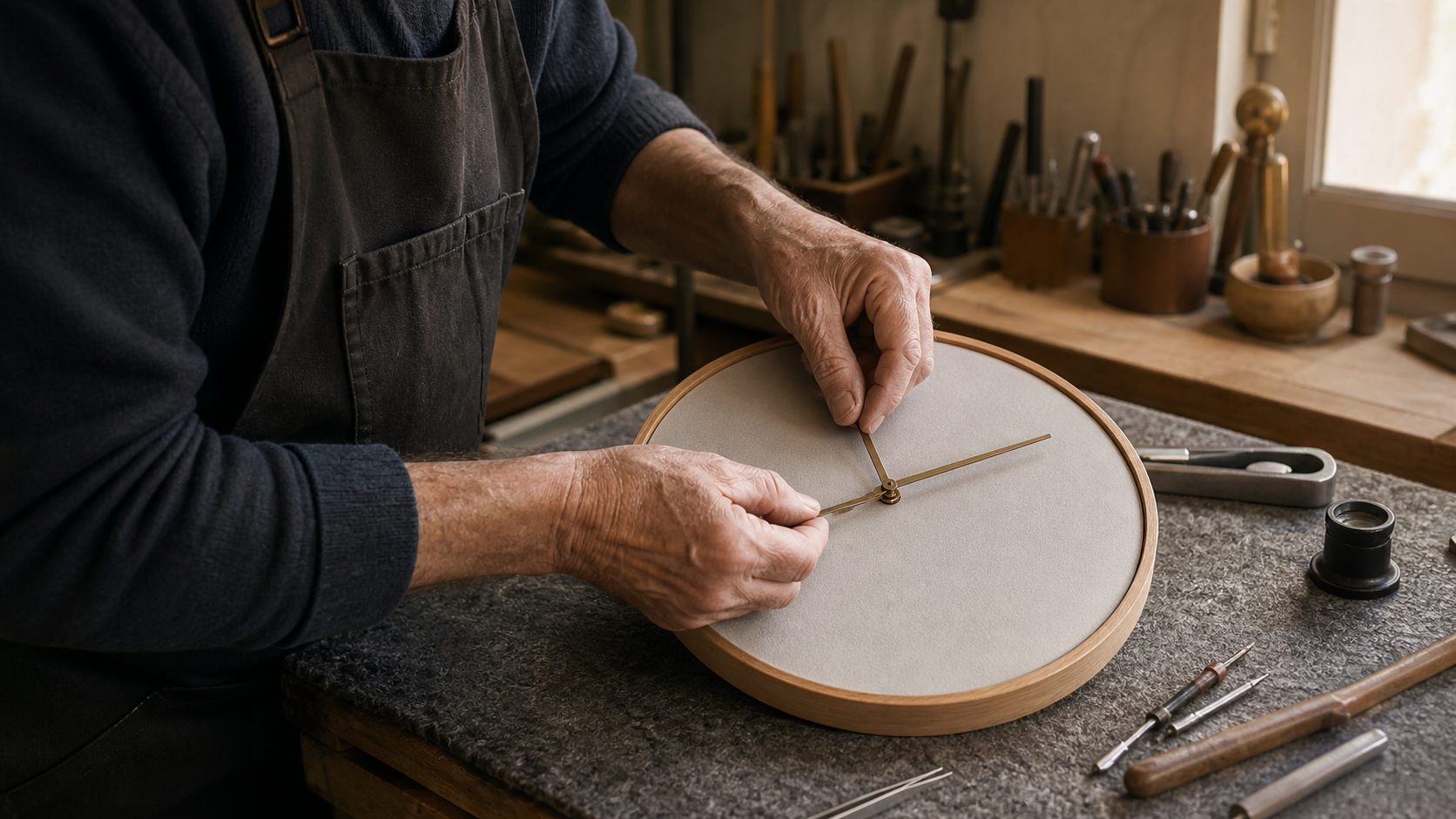 A craftsperson carefully sets the hands on a plain unnumbered wall clock.