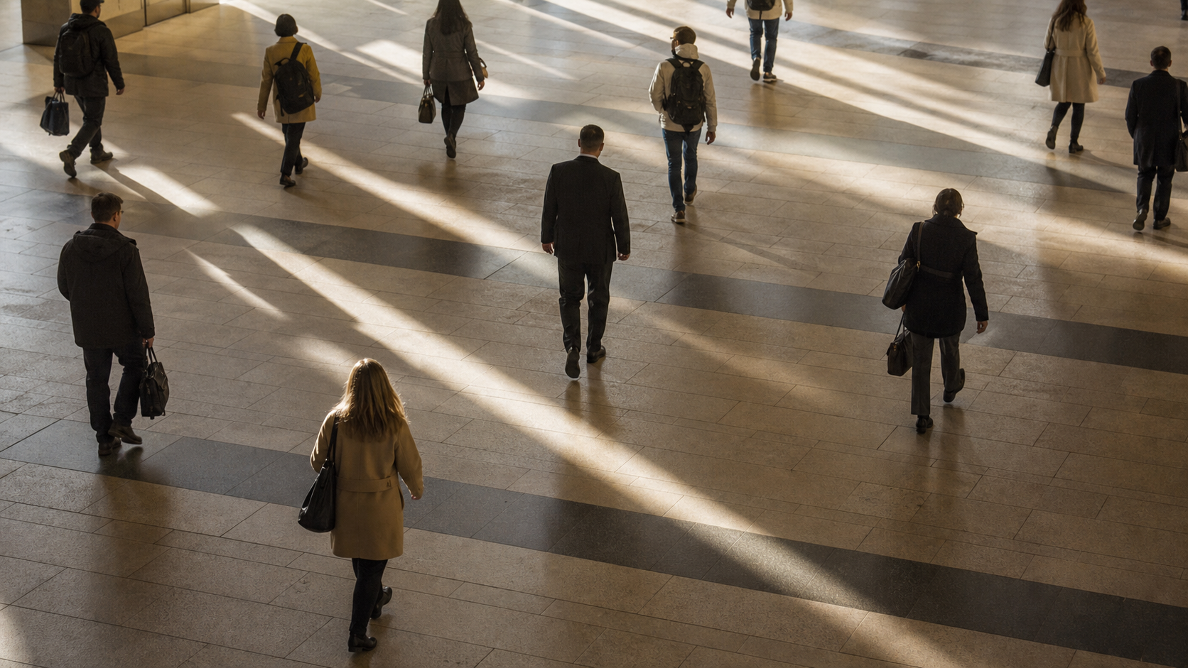 Commuters cross a sunlit unbranded concourse during the morning routine.
