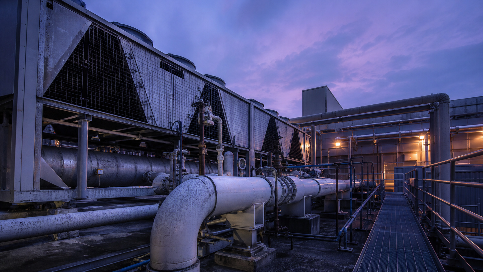 Large unbranded data-center chillers and pipework stand under violet evening light.
