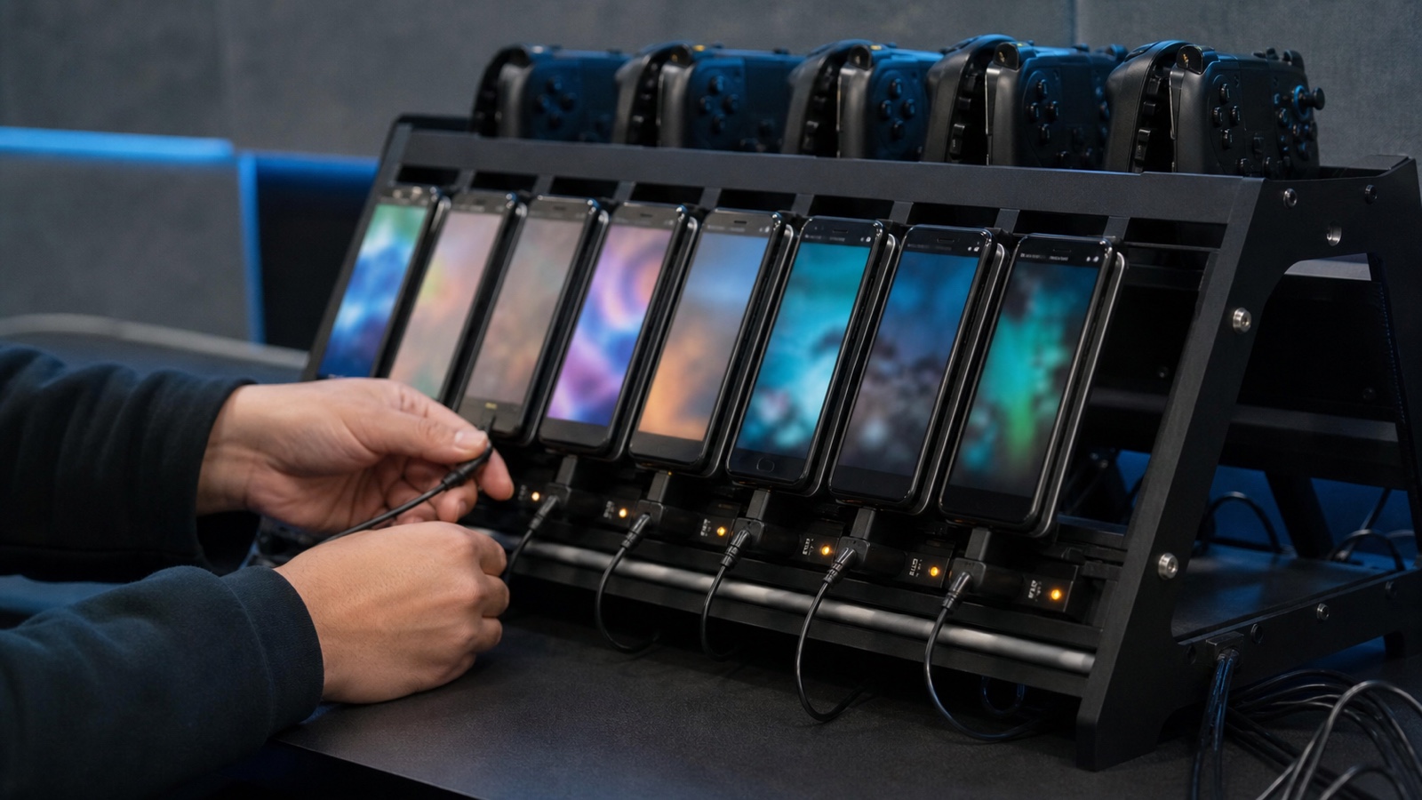 Device testing rack with unbranded phones, controllers and a technician connecting a cable.