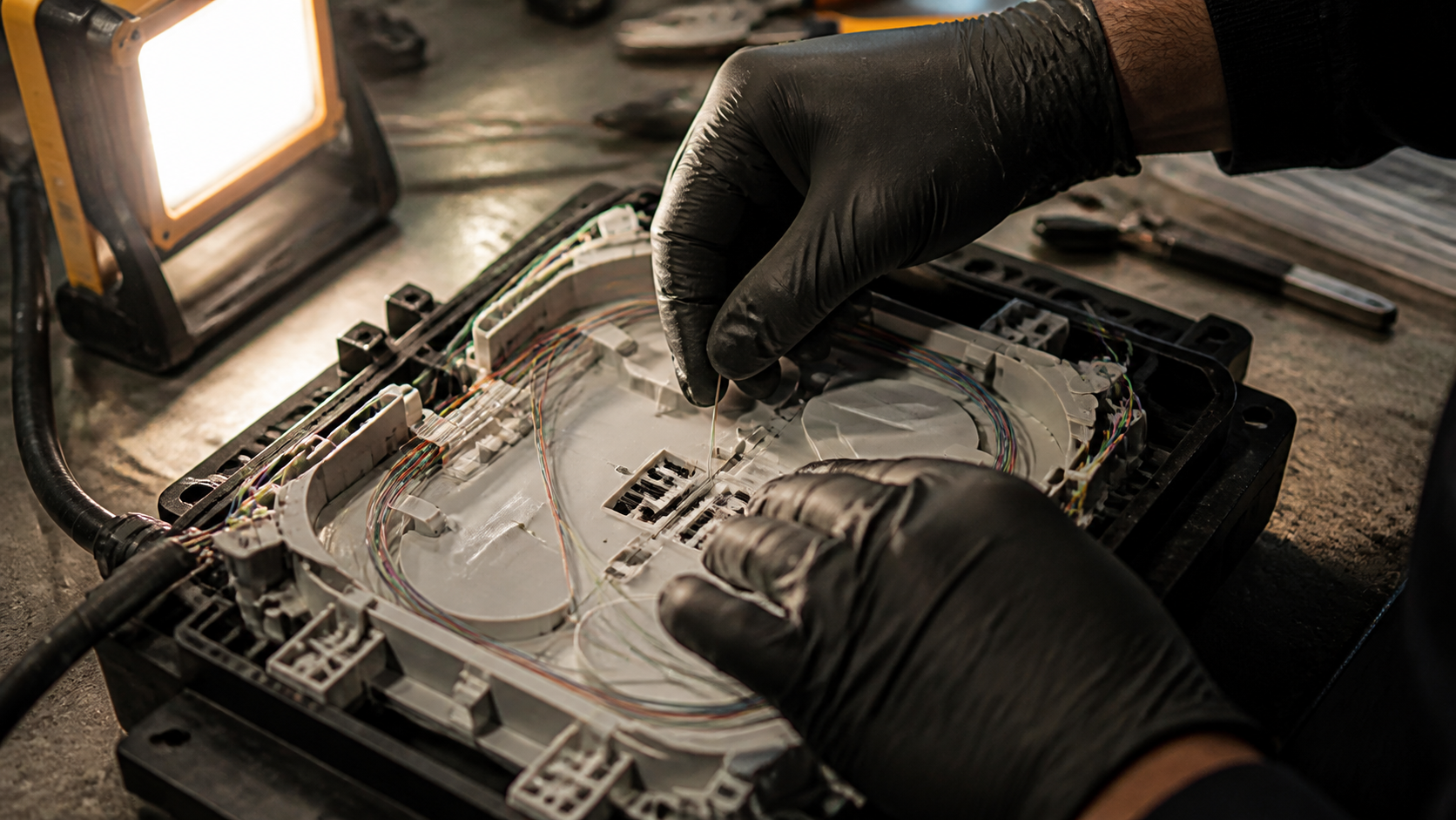 Gloved technician arranges fine fiber strands inside an open telecommunications splice tray.