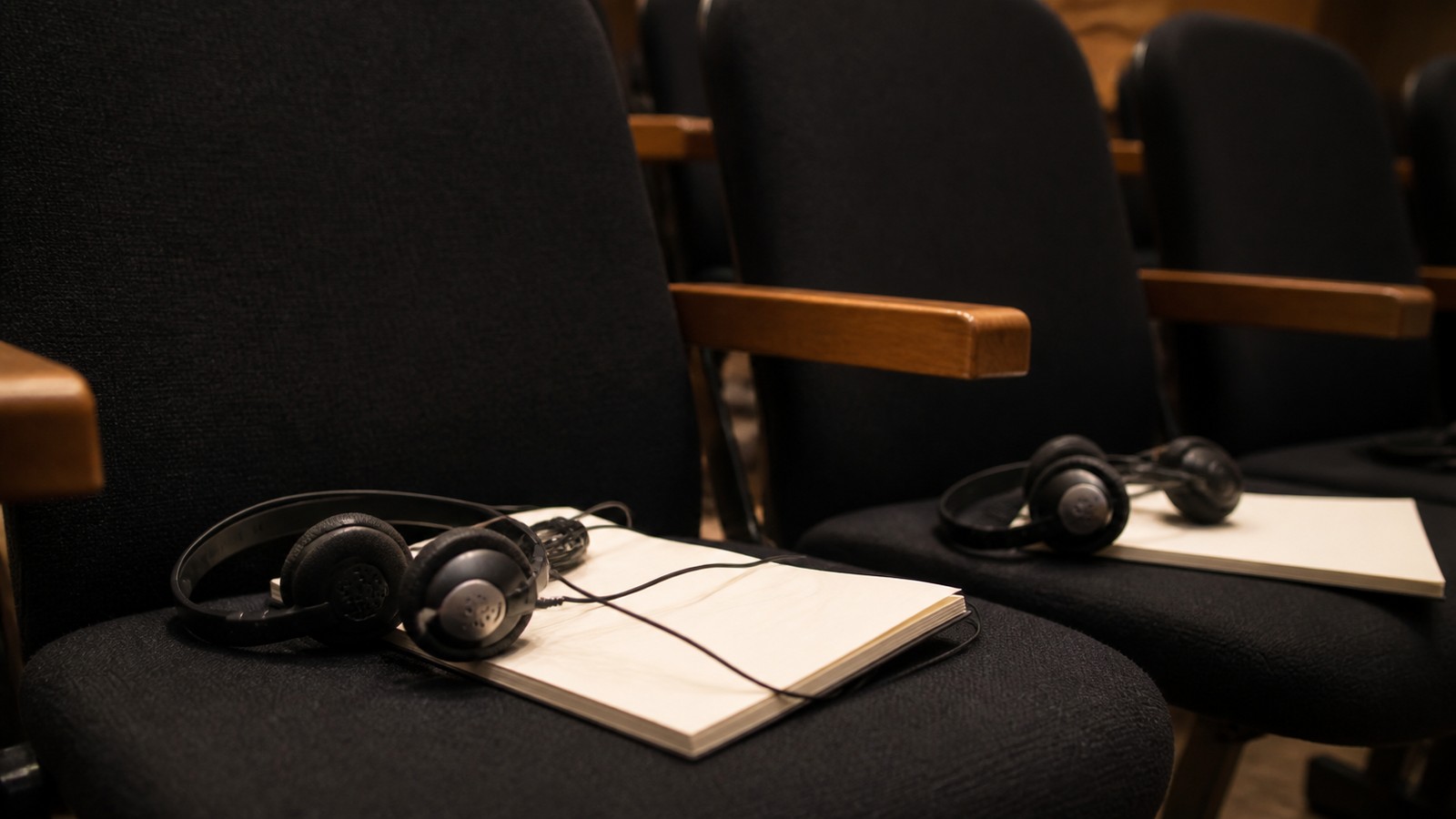 Simultaneous-interpretation headsets and blank notebooks on empty auditorium chairs.