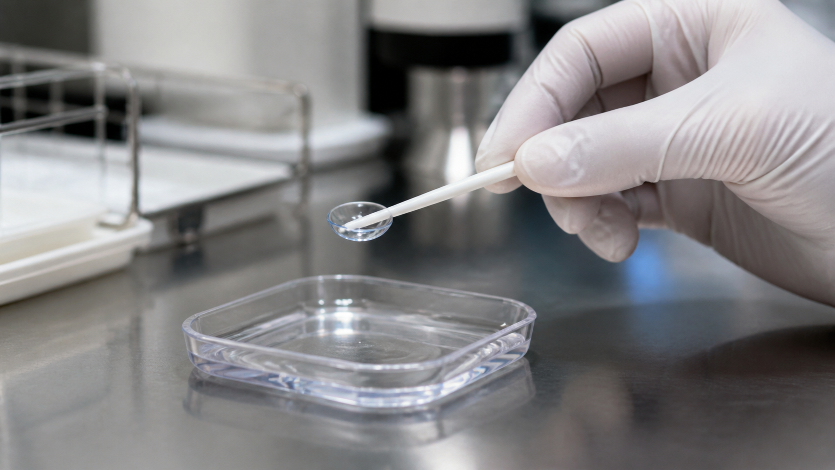 A gloved technician inspects a clear contact lens above a sterile saline tray.