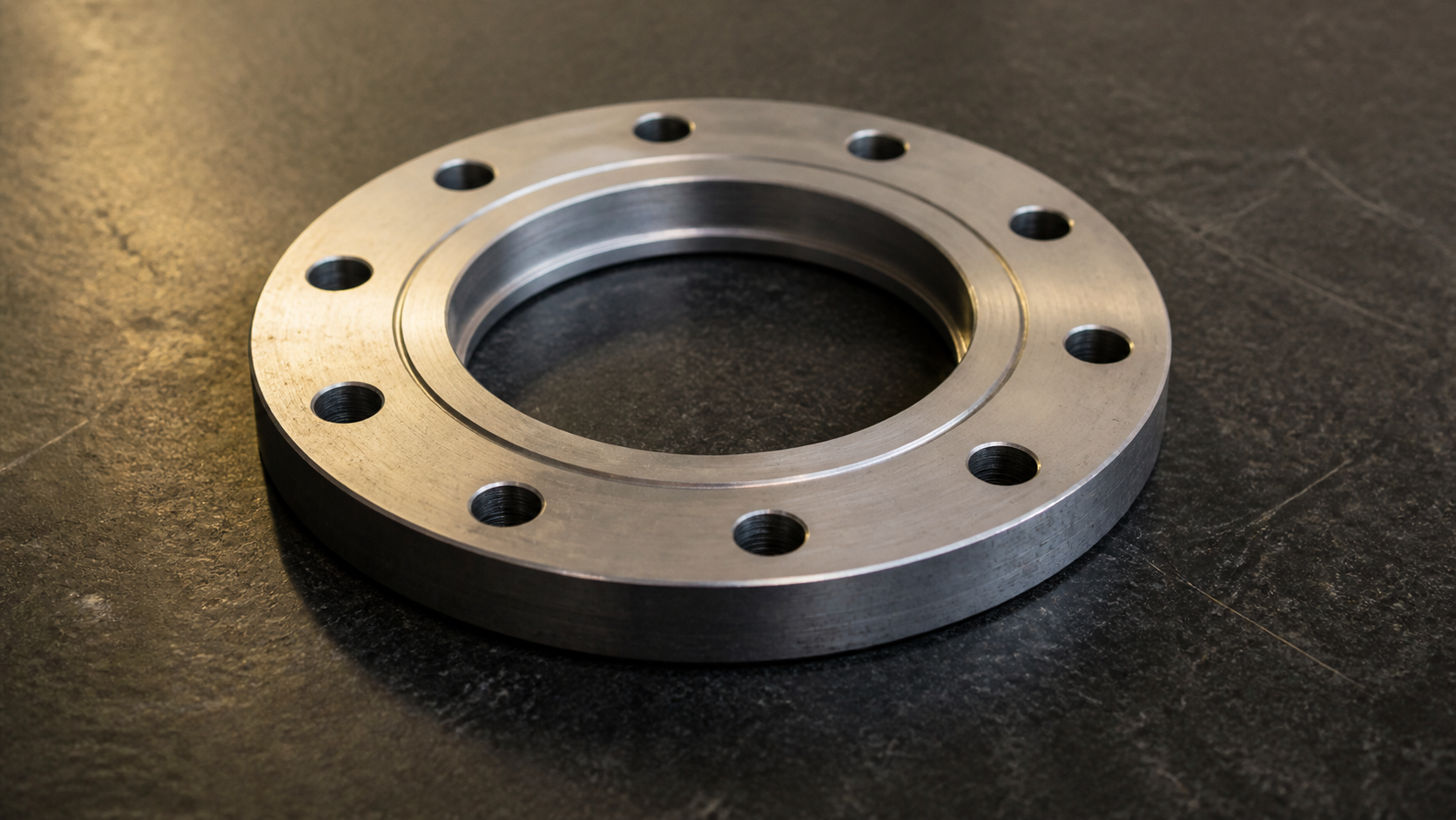 A single unbranded machined aluminum flange with fine tool marks on a scratched inspection surface.