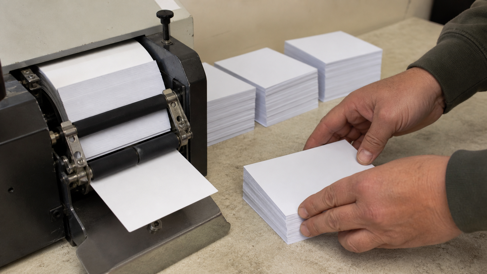 Worker aligns blank paper slips beside an unbranded paper-counting machine.