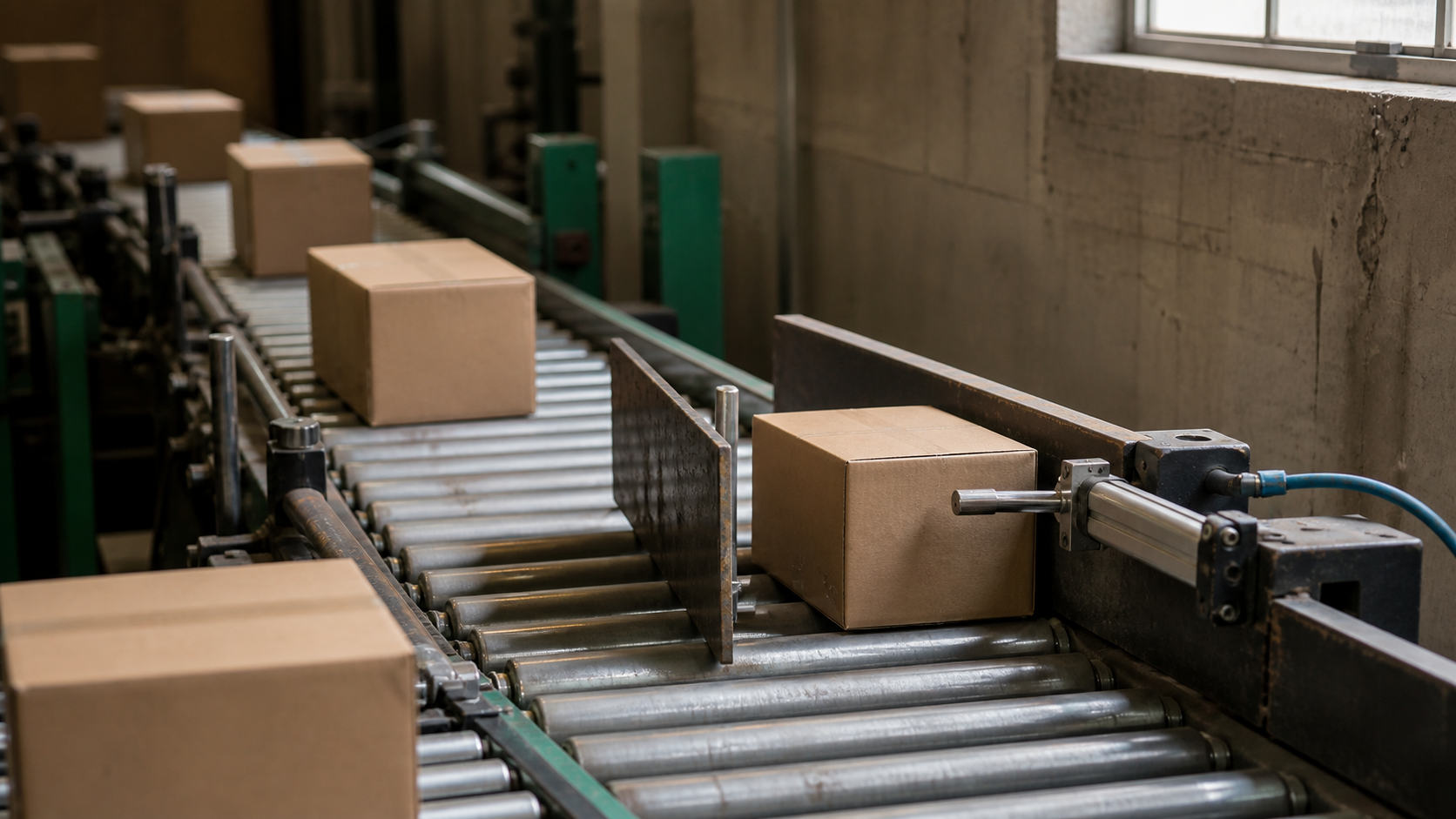 A pneumatic gate holds one plain parcel beside a continuing conveyor stream.