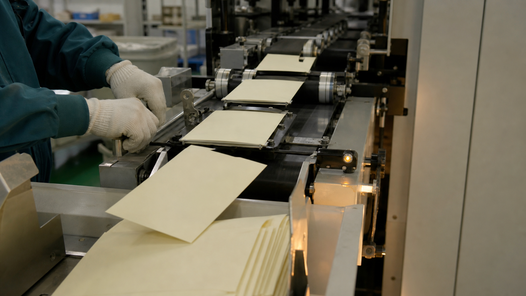 Gloved hands adjust a commercial mailer feeding plain remittance sheets through metal rollers.