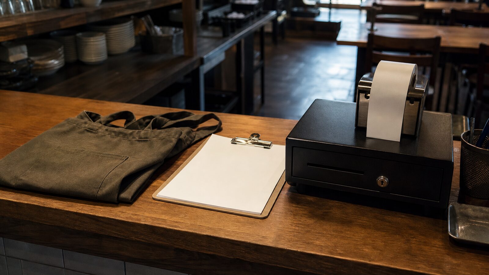 Small service counter with a folded apron, blank clipboard, cash drawer and blank receipt roll