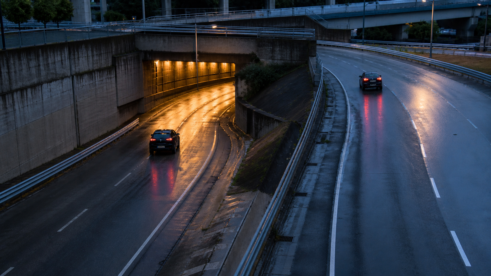 Two anonymous cars follow separate rain-darkened road lanes at blue hour.