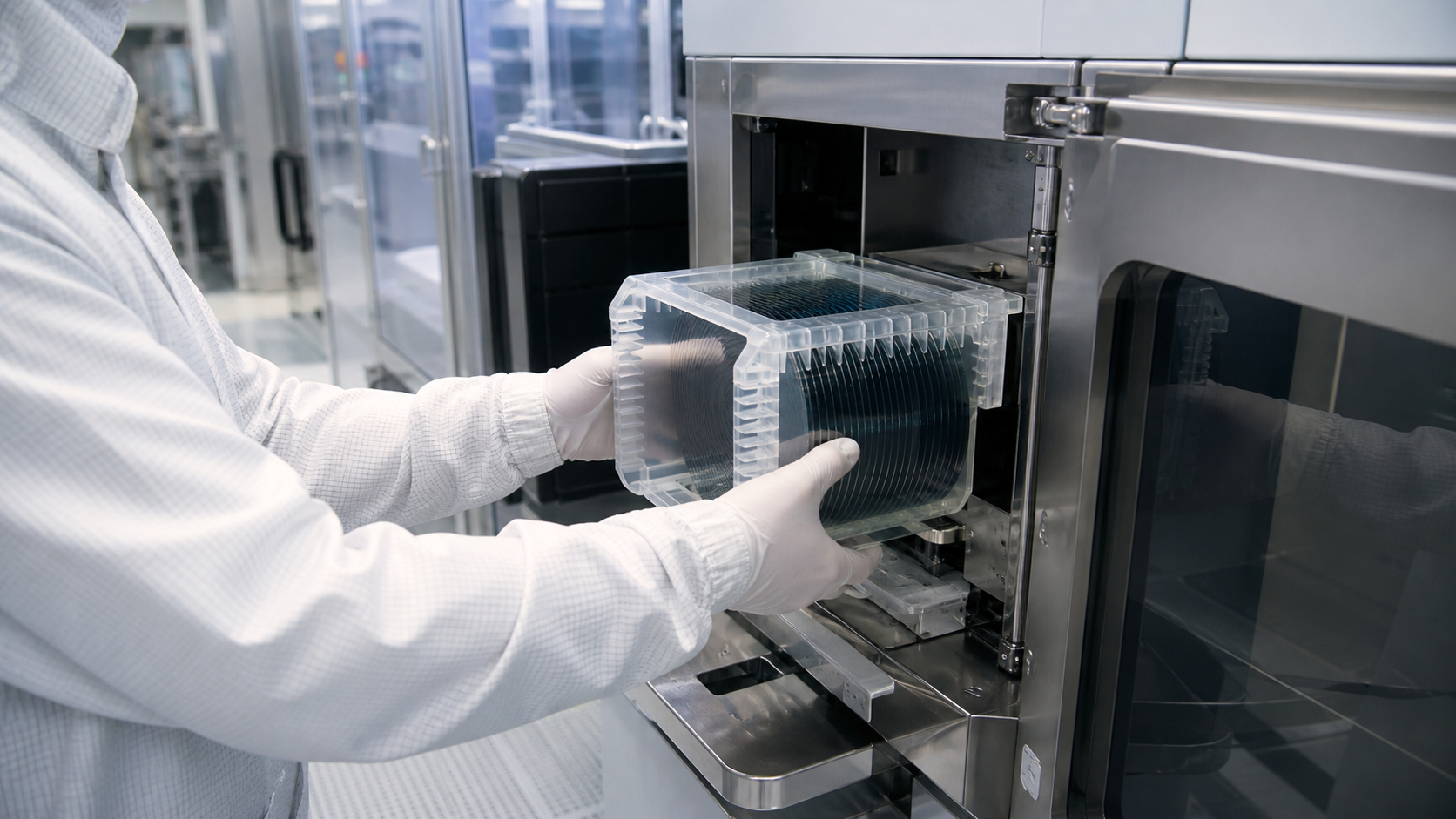 Gloved technician placing a silicon wafer carrier into cleanroom equipment
