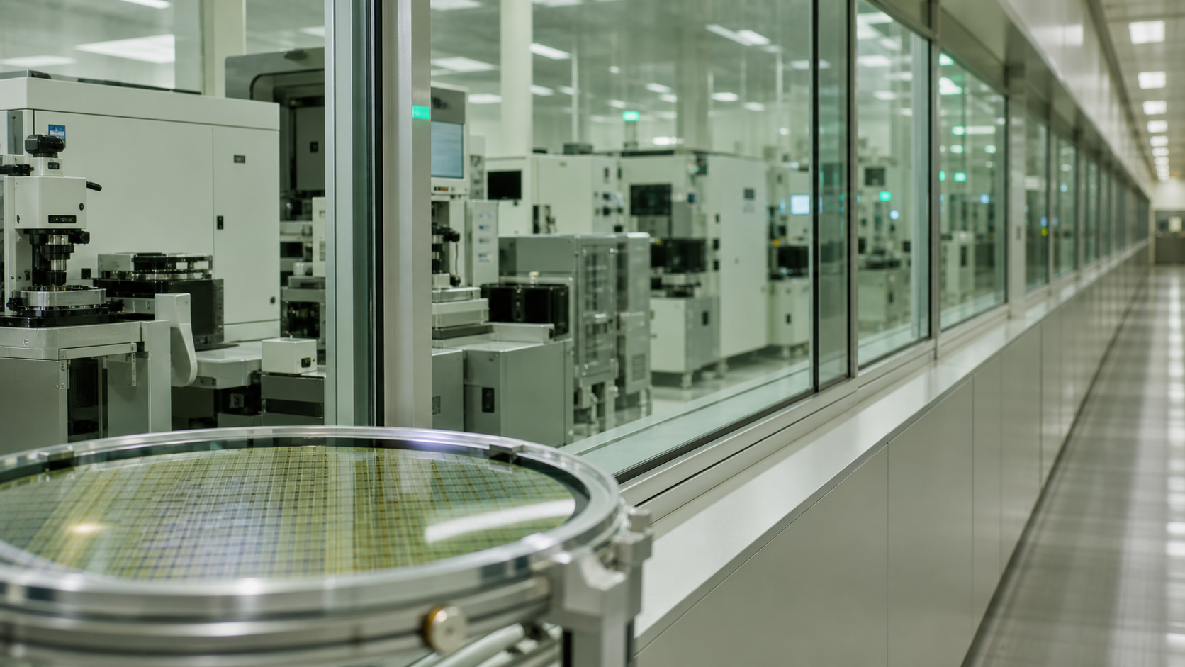 Unbranded wafer carrier and semiconductor equipment viewed through a cleanroom corridor
