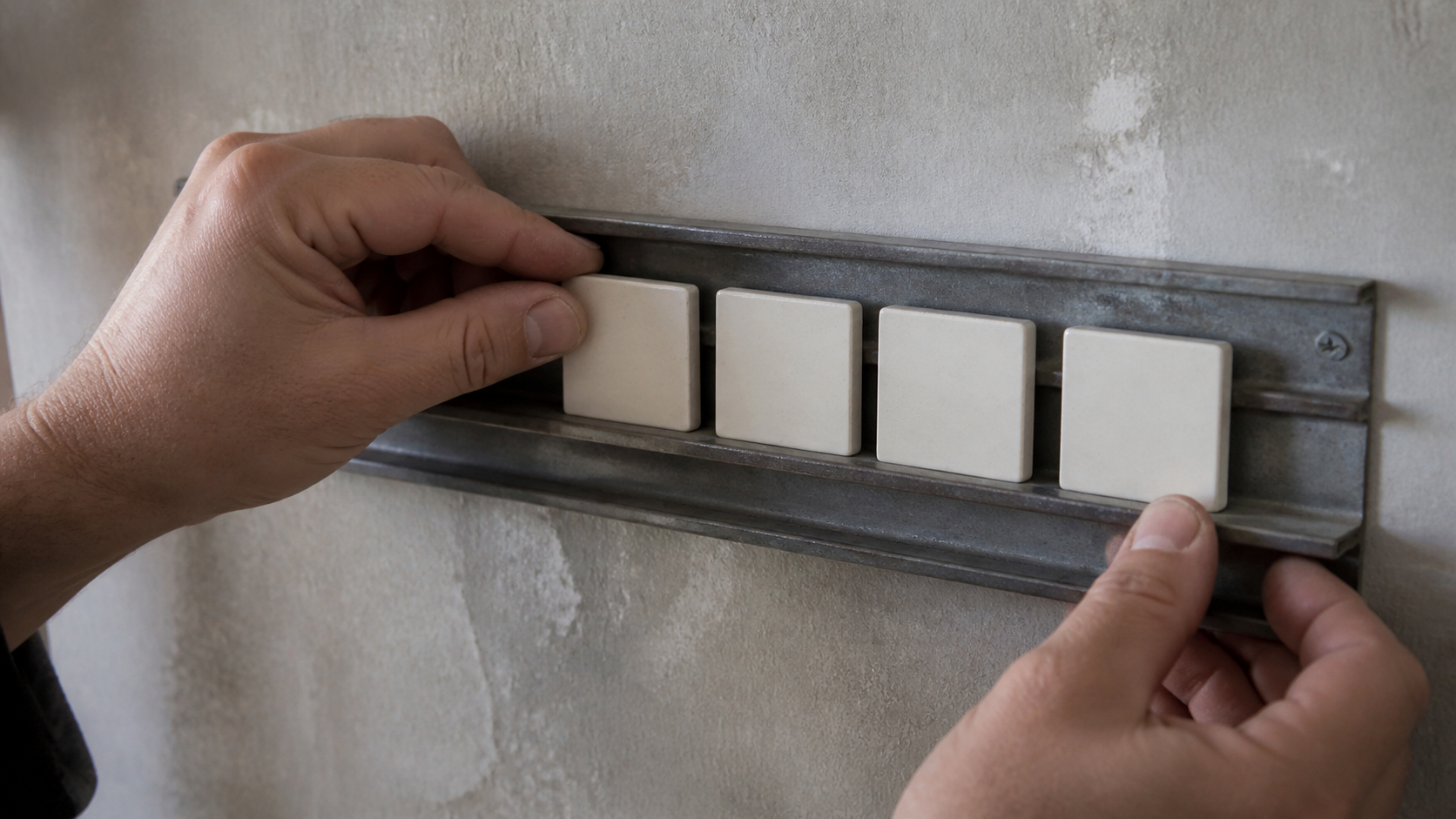 Two hands place four blank ceramic markers into separate grooves on a worn metal rail.