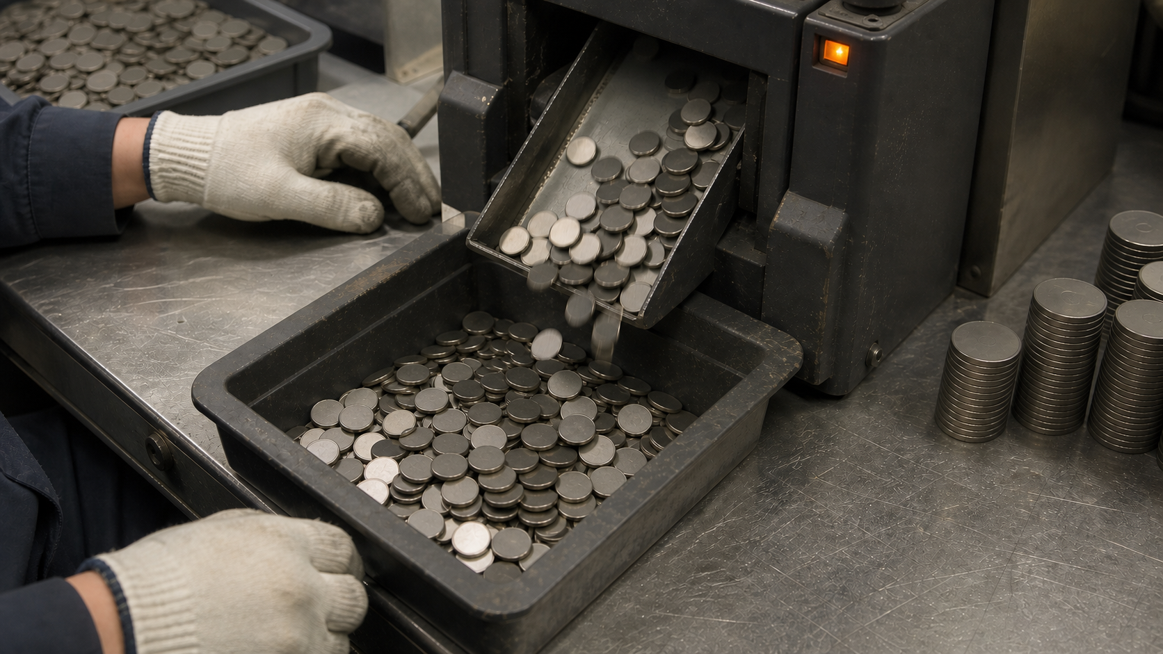 Plain metal discs move through an industrial counting machine as gloved hands guide them.