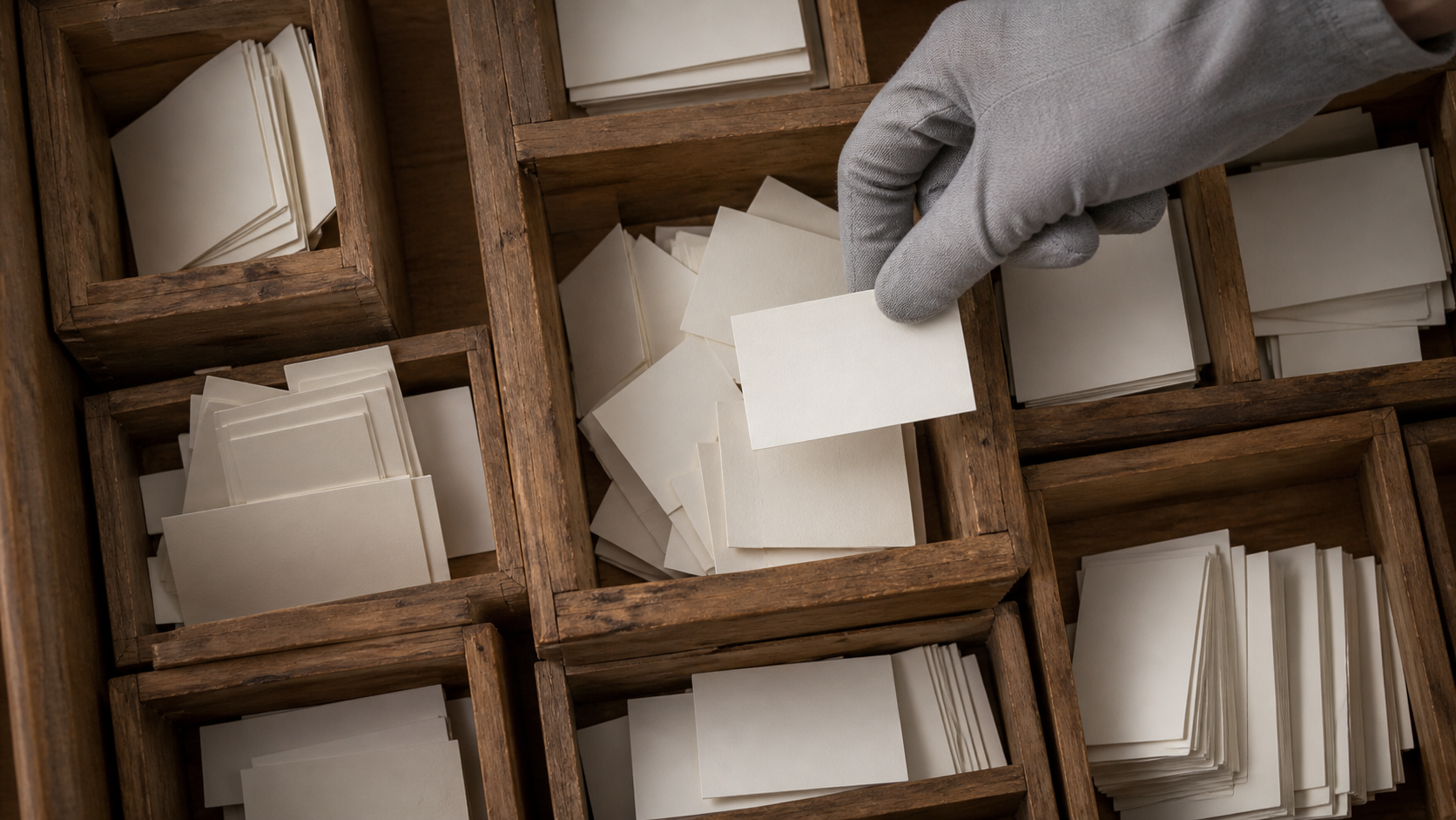 Gloved hand sorts blank paper tickets among plain wooden compartments.