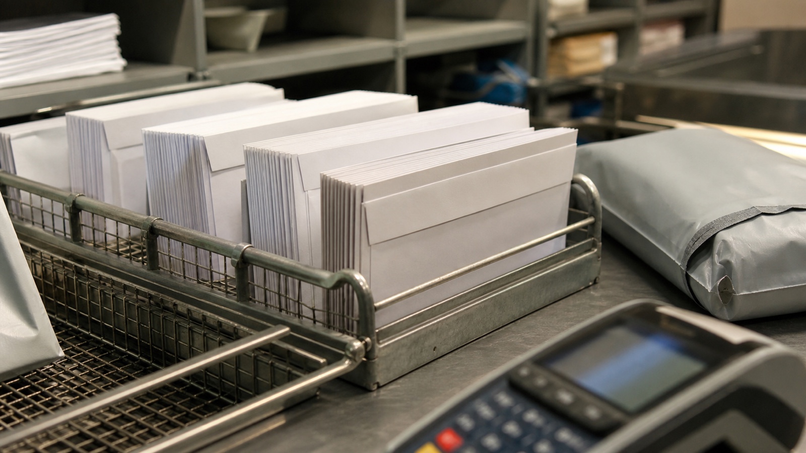 Plain sealed envelopes in a metal sorting tray inside an unbranded payment operations mailroom.