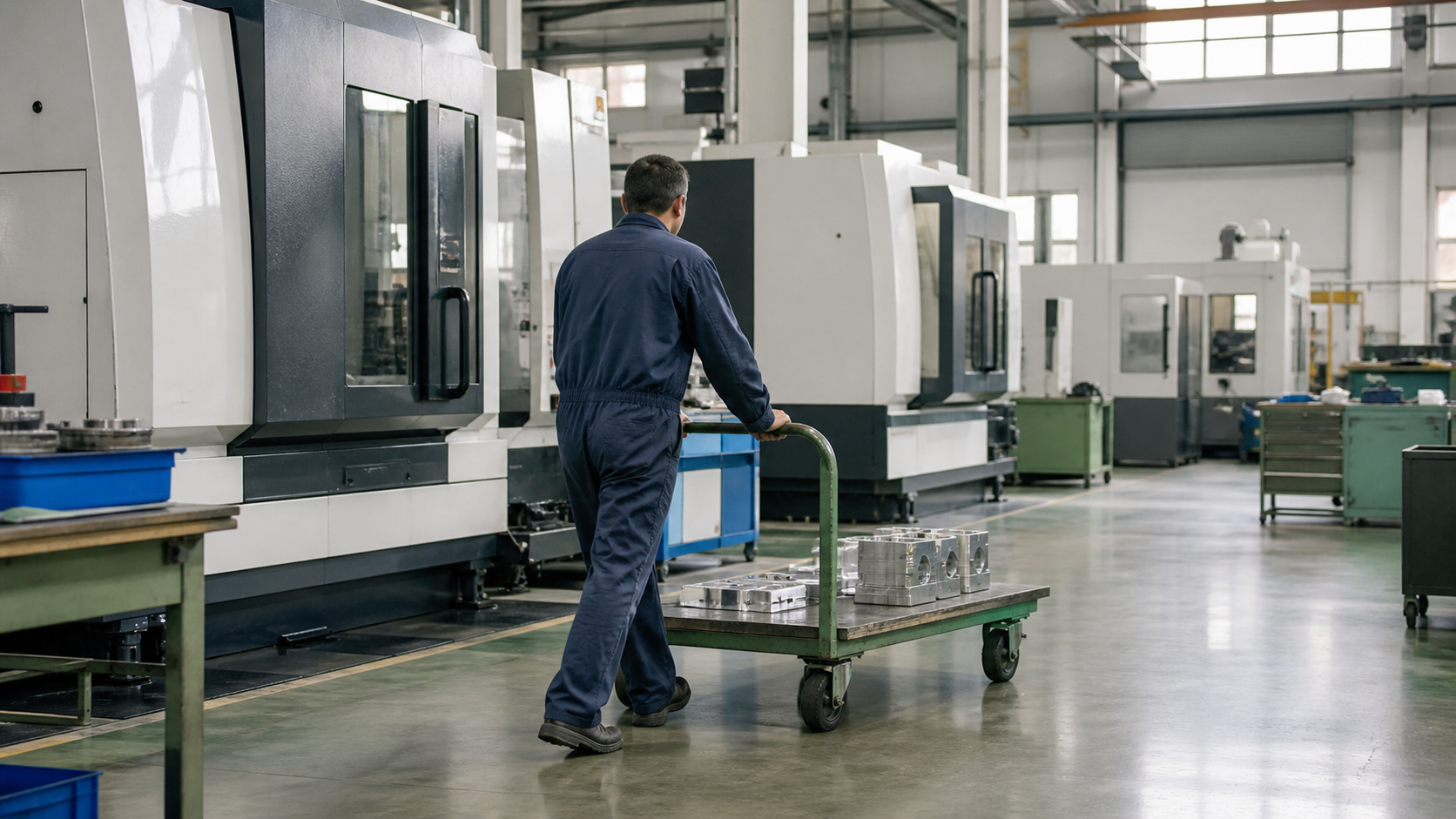 A factory worker pushes a trolley of unbranded metal parts through a bright machining bay.