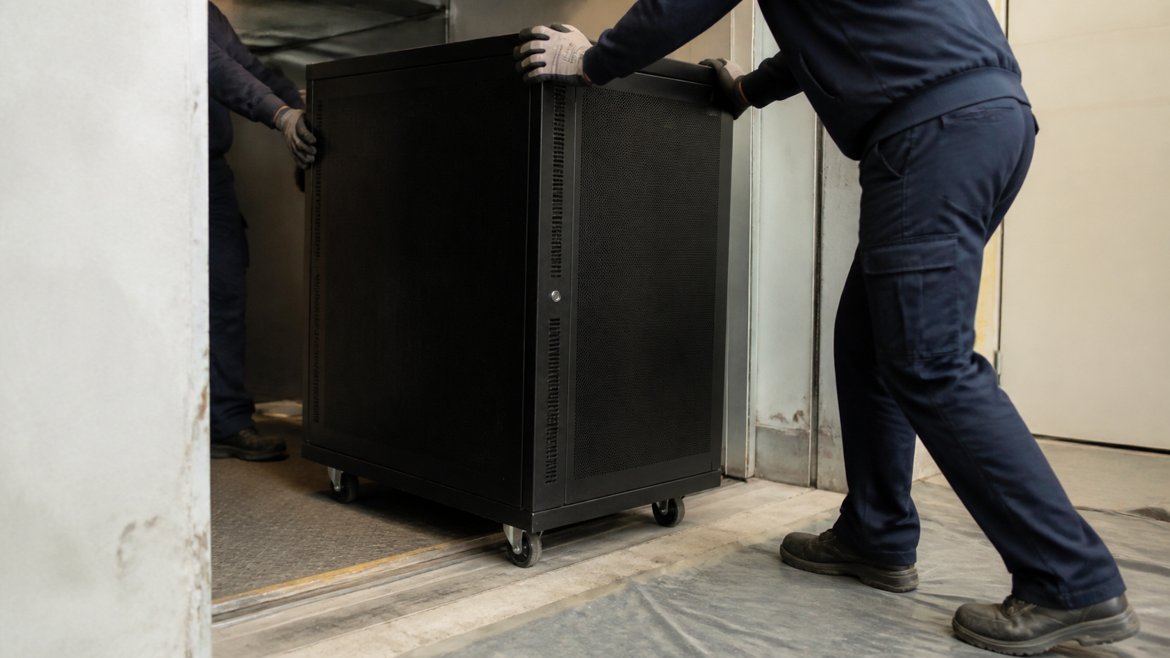 Two technicians guide an unbranded network cabinet across a freight-lift threshold.