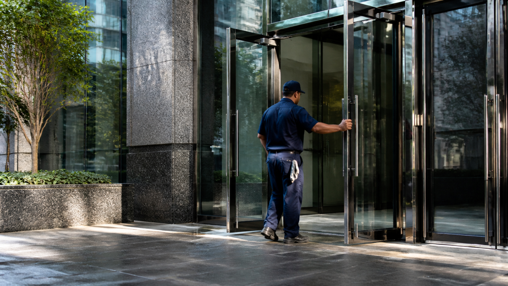 Maintenance worker opens broad glass office doors in clear morning light.