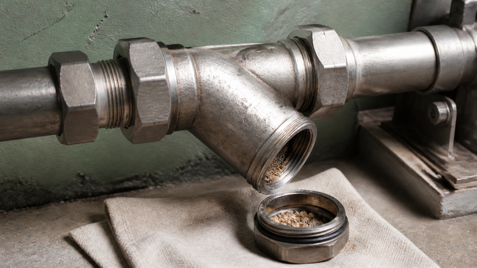 An opened industrial pipe strainer retains a small amount of mineral sediment.