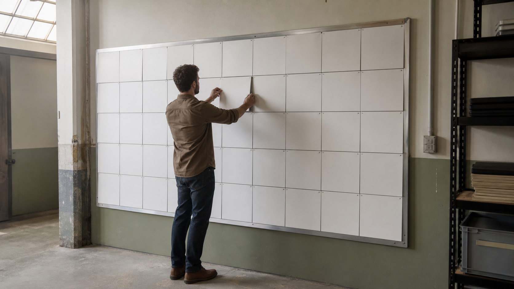 A staff member adjusts a blank tile on a large reusable planning board.