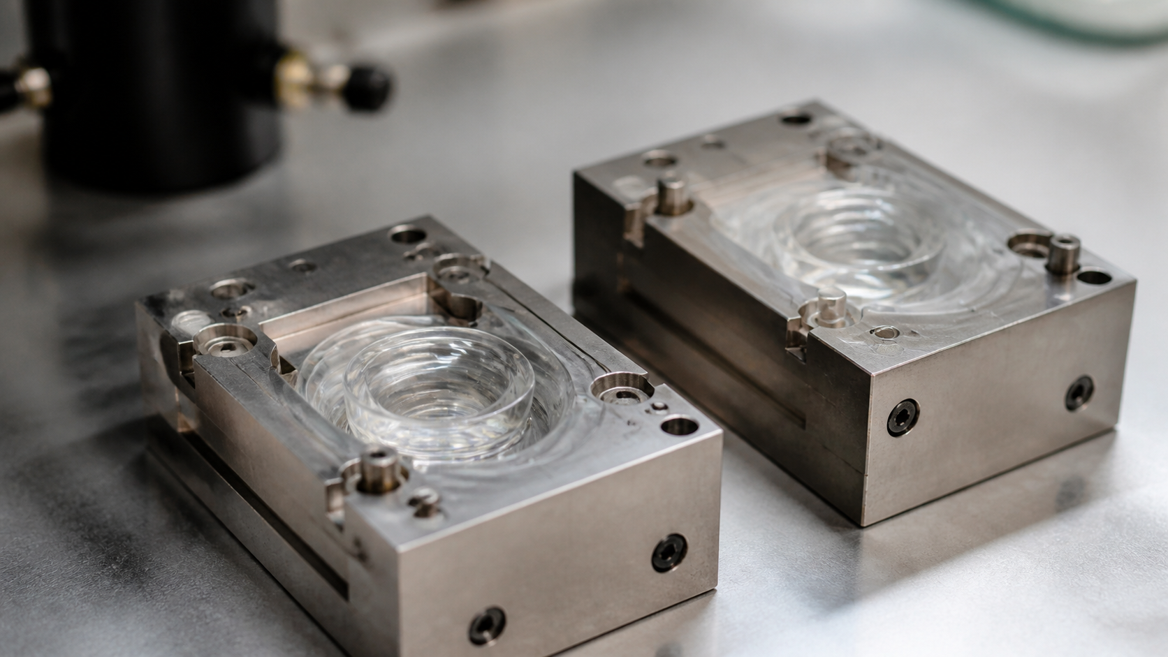 Two transparent lens molds rest in separate precision stainless-steel jigs in a clean laboratory.
