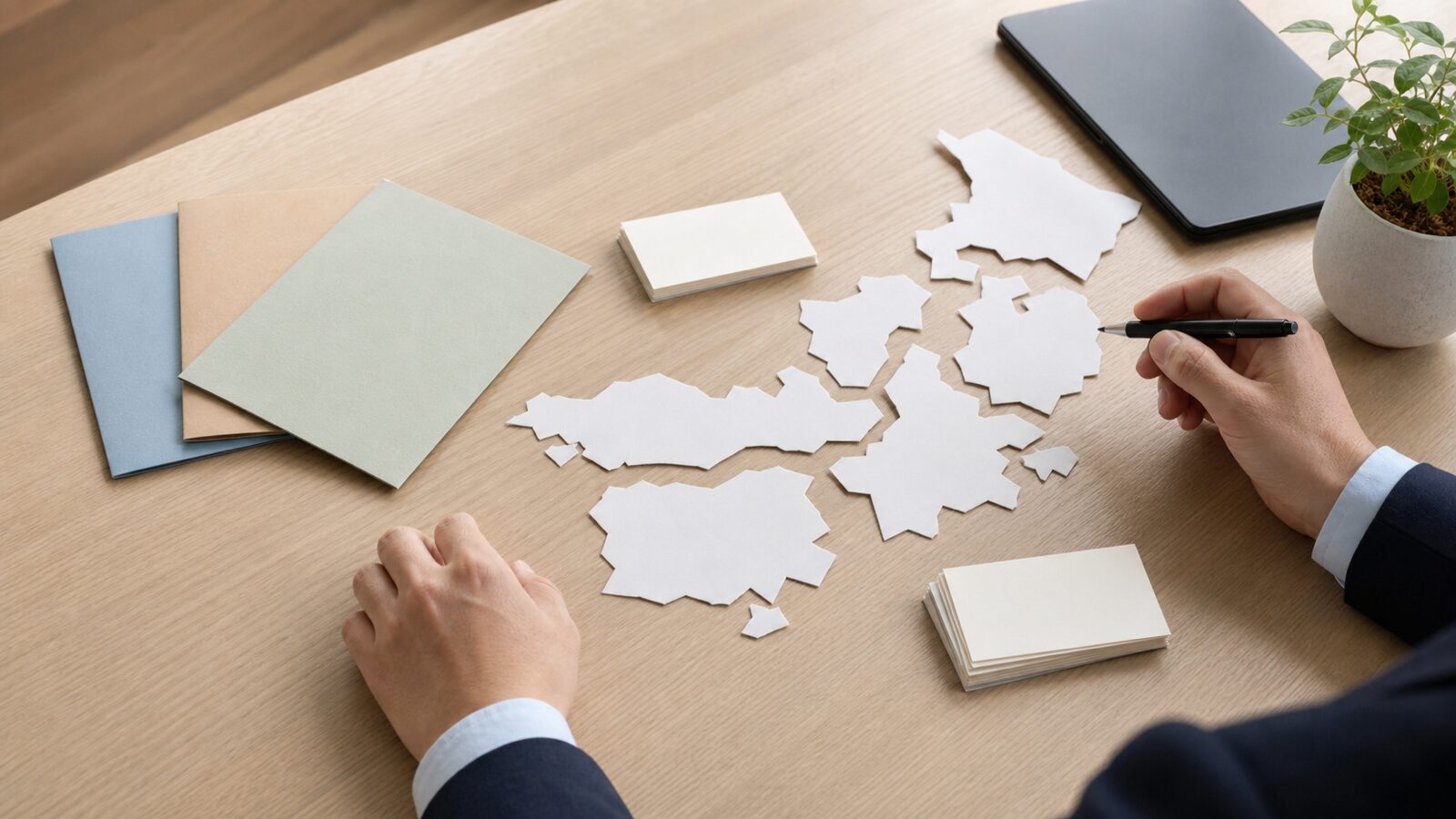 Policy analysis desk with blank folders, paper regional cutouts and an unbranded tablet