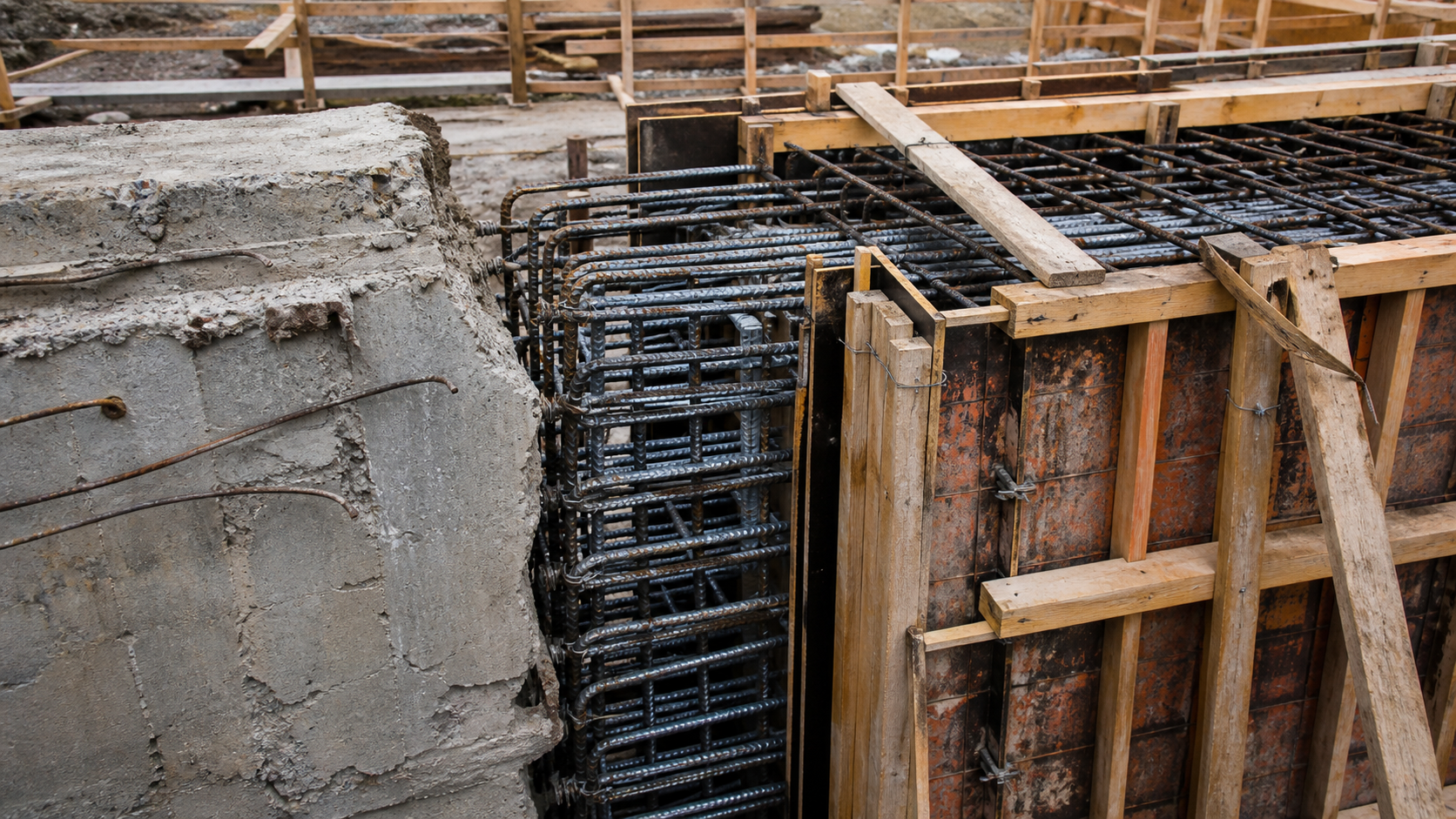 Old concrete meets new rebar cages and formwork at a bridge widening joint before the next pour.