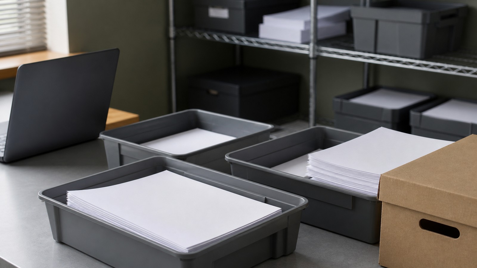 Blank response forms sorted in gray trays in an unbranded survey-processing room.