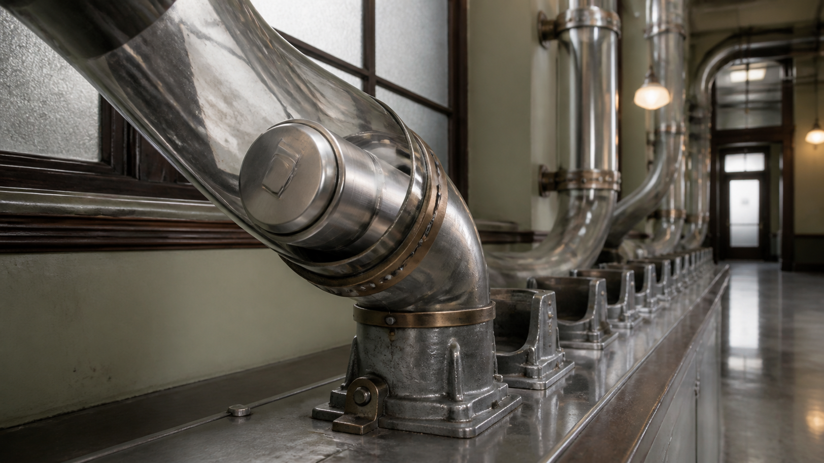A brushed-metal transfer canister arrives through a transparent pneumatic tube in a bank service corridor.