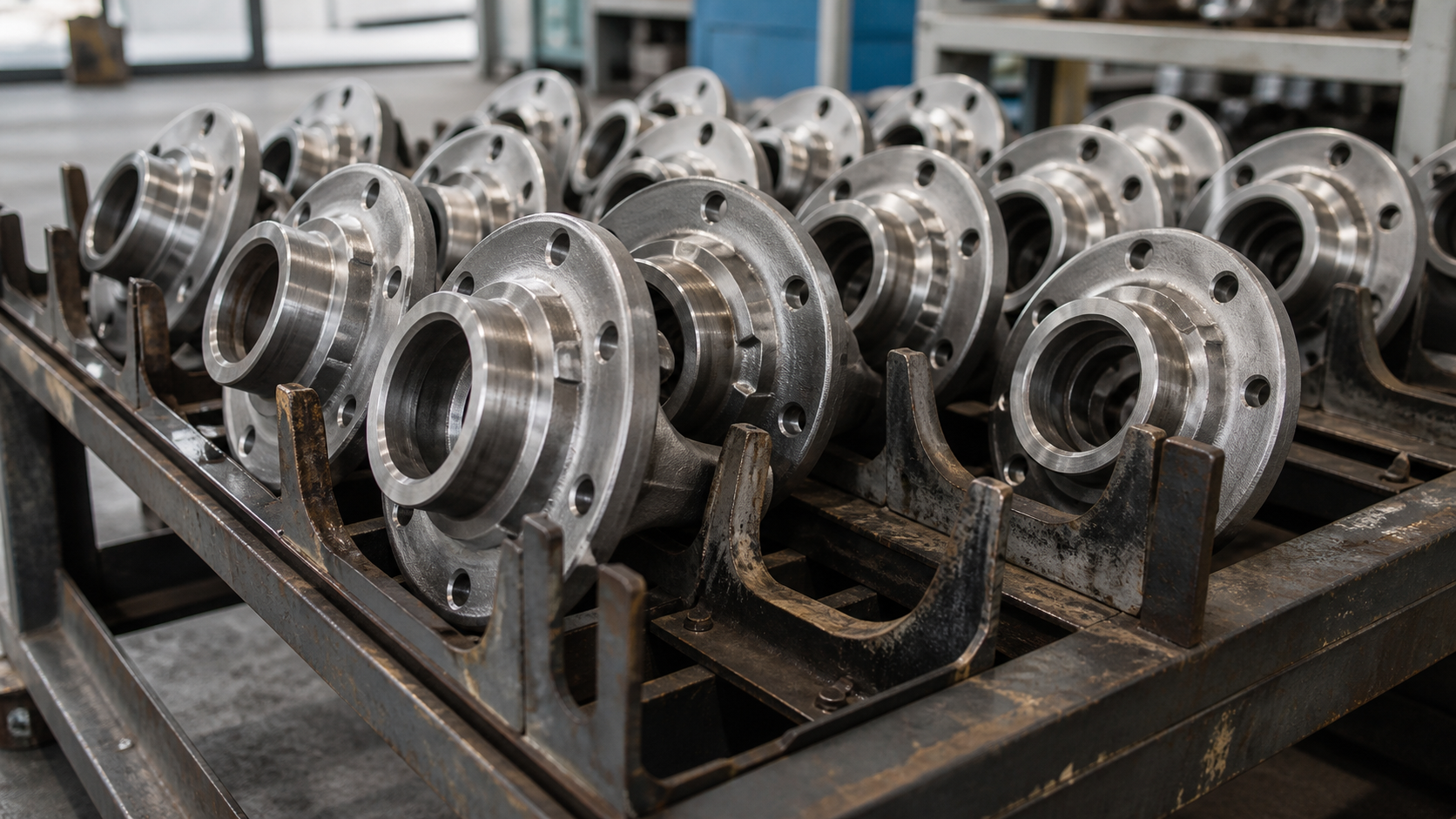 Rows of unbranded cast-aluminum wheel hubs sit in a worn factory inspection rack.