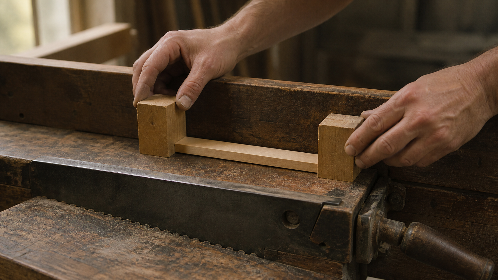 Carpenter's hands position two wooden stop blocks around an unmarked strip on a worn manual bench.