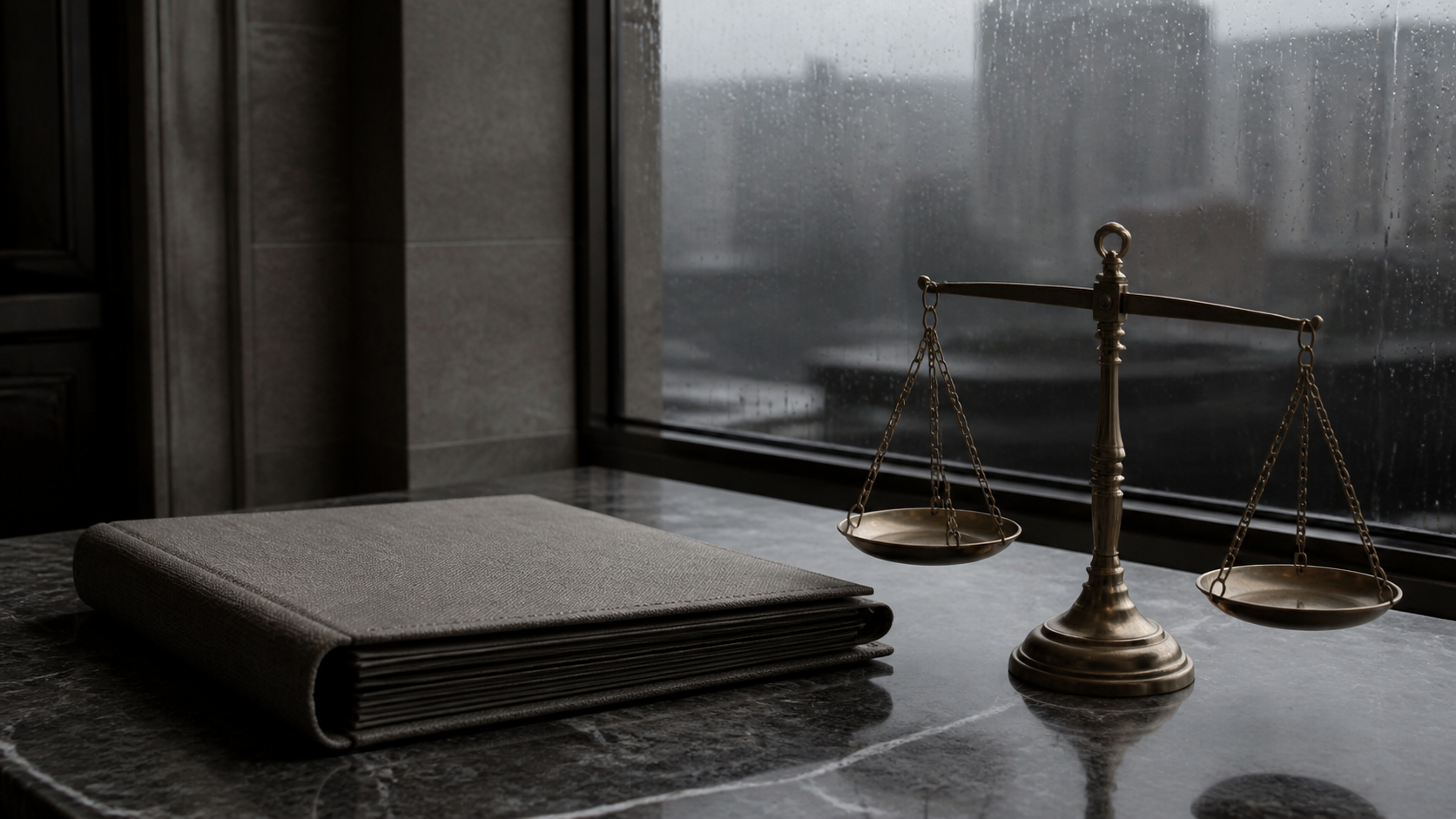 Closed collateral folder and empty balance scale beside a rain-streaked window