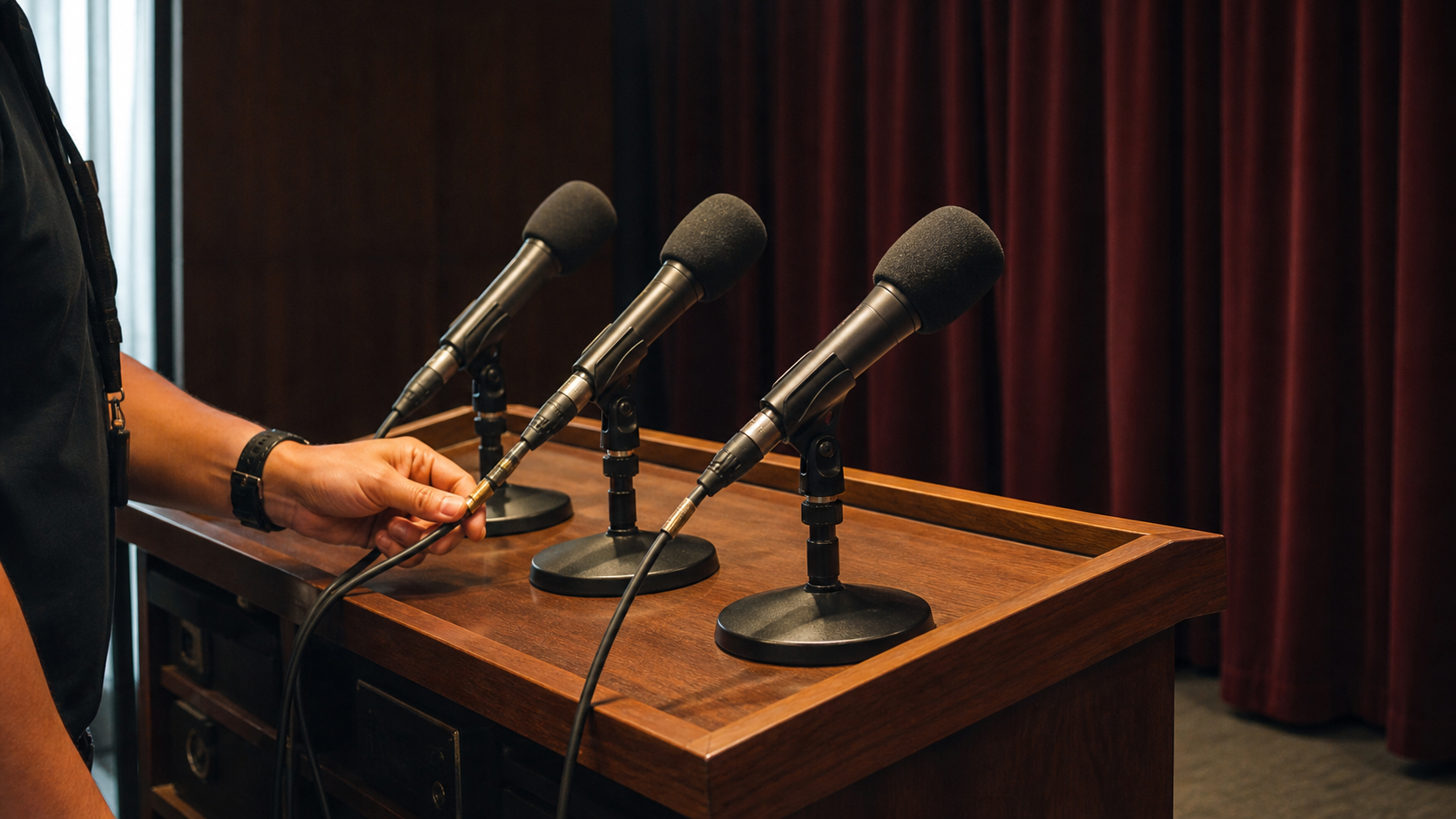 A technician checks the cable on three unbranded microphones before an anonymous briefing.