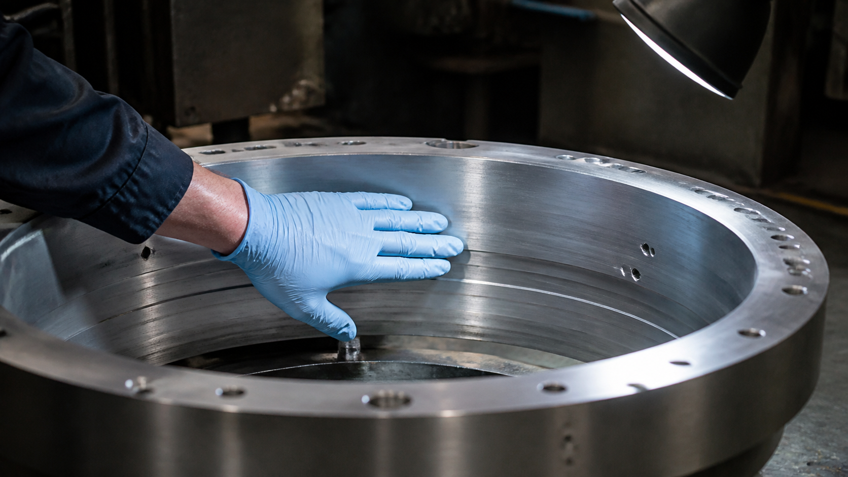 A gloved technician inspects the machined interior of a large unbranded aluminum chamber ring under a task lamp.