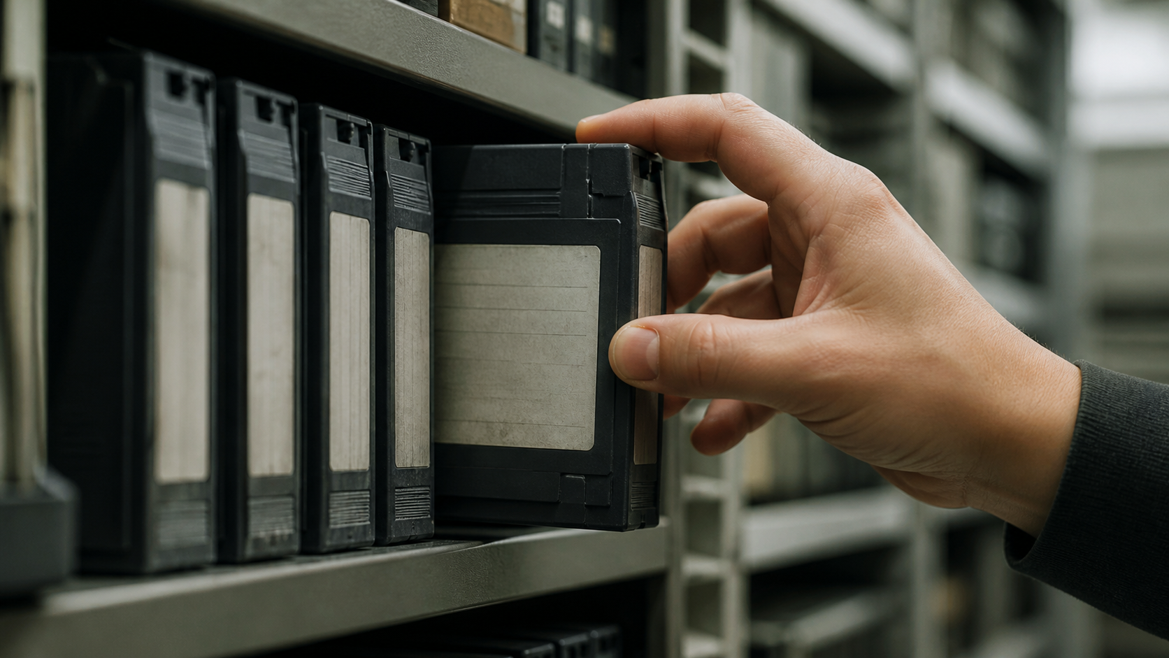 Technician selects an unlabeled storage cartridge from an institutional data-library rack.